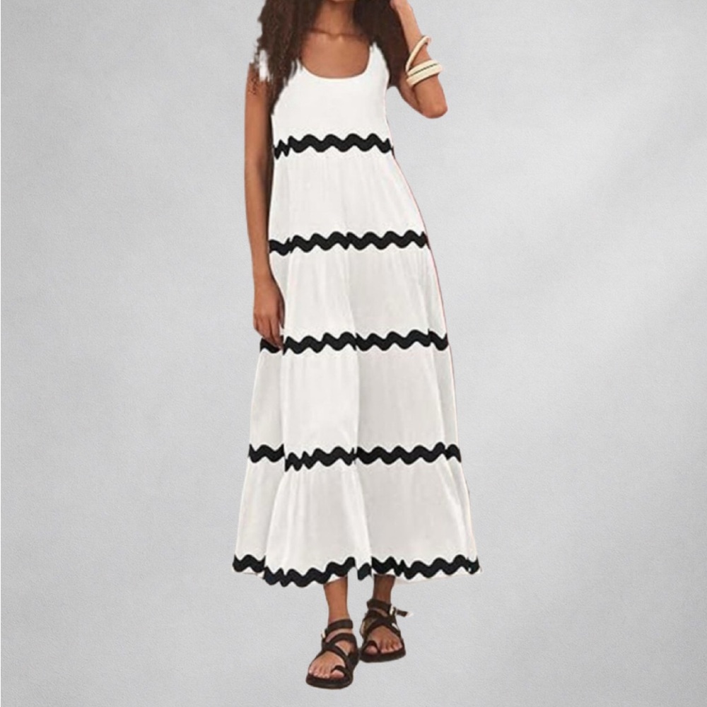 PrettyGarden Dress M White Maxi Back Trim Tiered Sleeveless Scoop Neck Summer